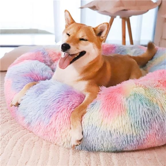Calming Dog Bed for Small Dogs & Cat Bed, Anti-Anxiety Plush Donut Cuddler 20" - Picture 5 of 6